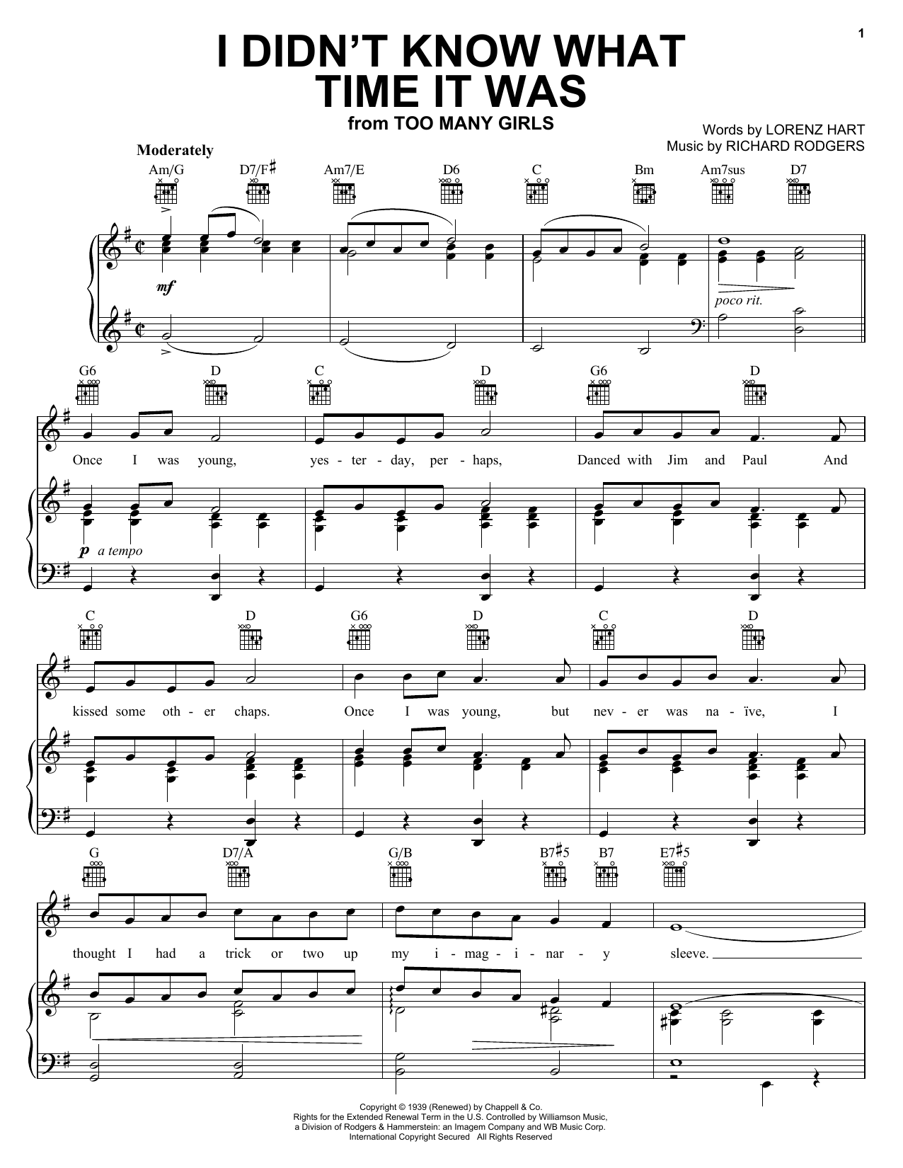Preview Rodgers & Hart I Didn't Know What Time It Was Jazz sheet music, notes and chords for Piano, Vocal & Guitar (Right-Hand Melody), SKU: 16769 sheet music, piano notes, chords, guitar tabs, score, transpose, transcribe, how to play, guide, download, learn, tutorial, progression, song, artist, awards, billboard, mtv, vh1, tour, single, album, release