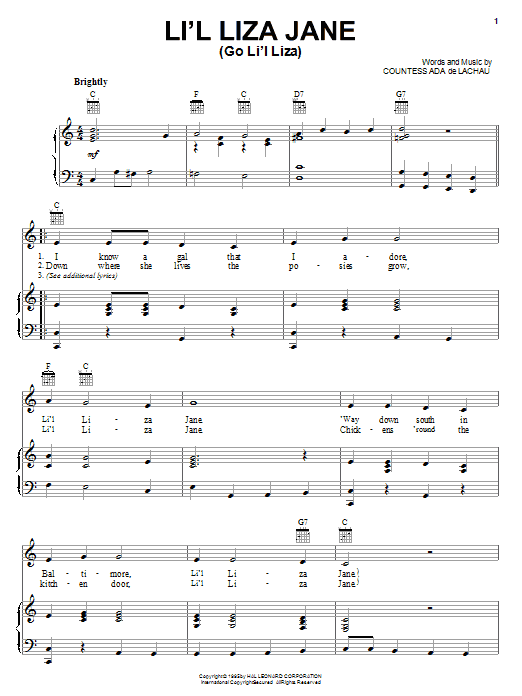 Preview Countess Ada De Lachau Li'l Liza Jane (Go Li'l Liza) Jazz sheet music, notes and chords for Piano, Vocal & Guitar (Right-Hand Melody), SKU: 16777 sheet music, piano notes, chords, guitar tabs, score, transpose, transcribe, how to play, guide, download, learn, tutorial, progression, song, artist, awards, billboard, mtv, vh1, tour, single, album, release