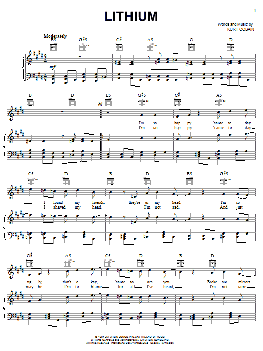 Preview Nirvana Lithium Rock sheet music, notes and chords for Piano, Vocal & Guitar (Right-Hand Melody), SKU: 16778 sheet music, piano notes, chords, guitar tabs, score, transpose, transcribe, how to play, guide, download, learn, tutorial, progression, song, artist, awards, billboard, mtv, vh1, tour, single, album, release