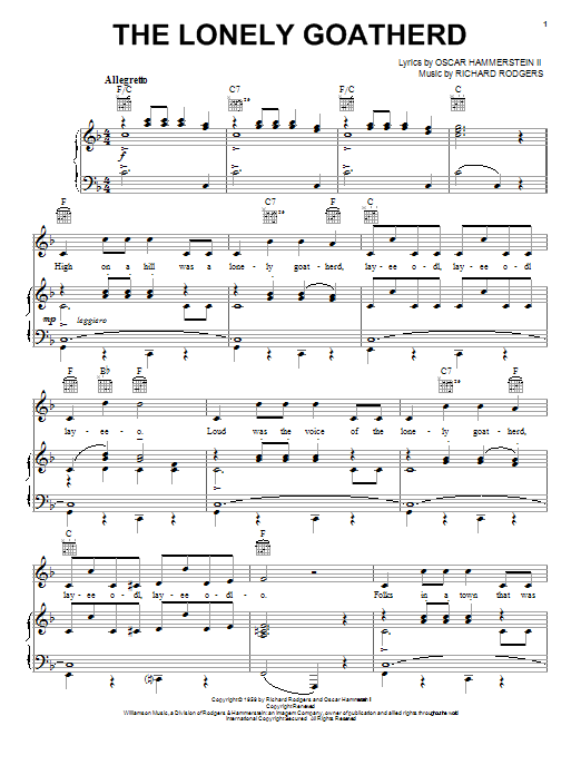 Preview Rodgers & Hammerstein The Lonely Goatherd Children sheet music, notes and chords for Piano, Vocal & Guitar (Right-Hand Melody), SKU: 16779 sheet music, piano notes, chords, guitar tabs, score, transpose, transcribe, how to play, guide, download, learn, tutorial, progression, song, artist, awards, billboard, mtv, vh1, tour, single, album, release