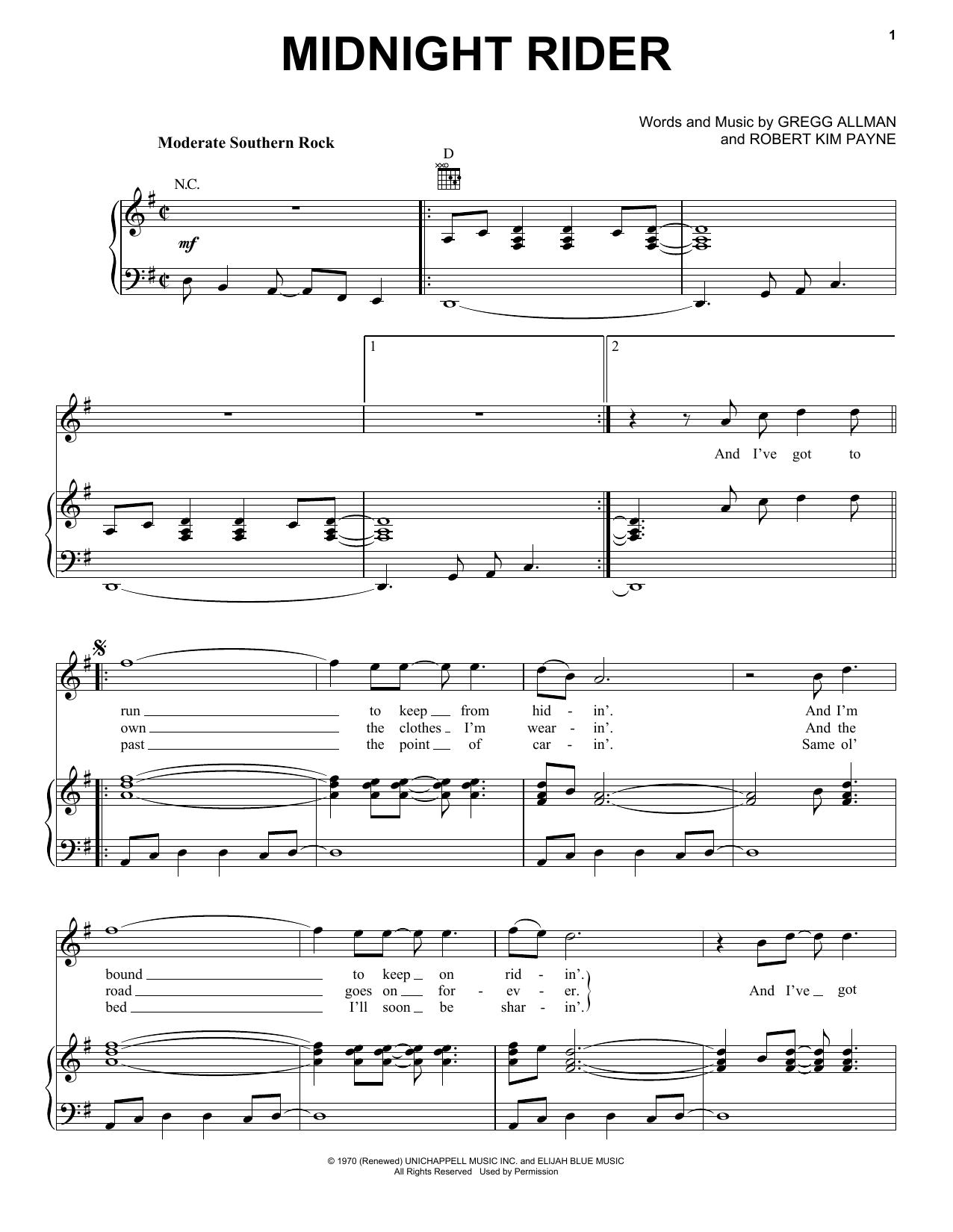 Preview The Allman Brothers Band Midnight Rider Pop sheet music, notes and chords for Piano, Vocal & Guitar (Right-Hand Melody), SKU: 16785 sheet music, piano notes, chords, guitar tabs, score, transpose, transcribe, how to play, guide, download, learn, tutorial, progression, song, artist, awards, billboard, mtv, vh1, tour, single, album, release
