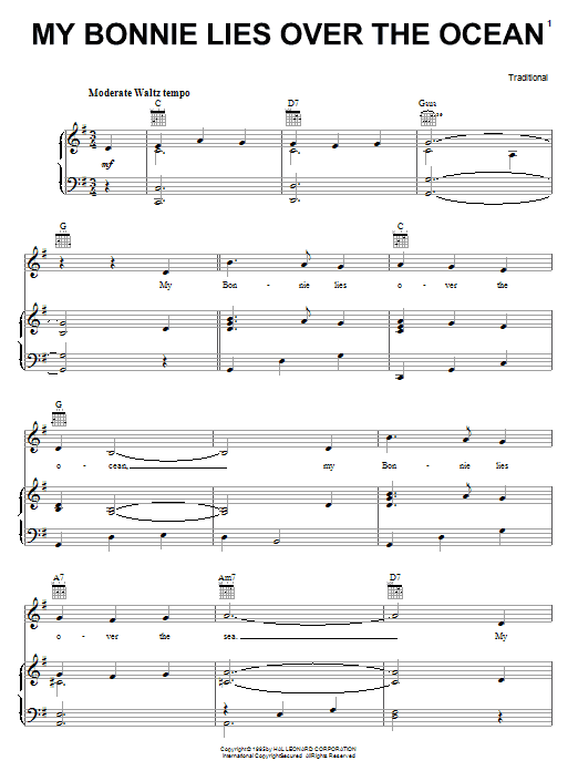 Preview Traditional My Bonnie Lies Over The Ocean World sheet music, notes and chords for Piano, Vocal & Guitar (Right-Hand Melody), SKU: 16786 sheet music, piano notes, chords, guitar tabs, score, transpose, transcribe, how to play, guide, download, learn, tutorial, progression, song, artist, awards, billboard, mtv, vh1, tour, single, album, release