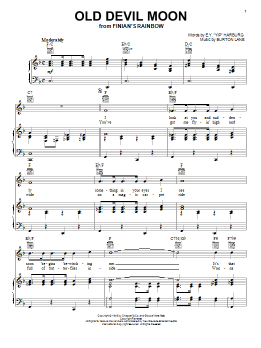 Preview Frank Sinatra Old Devil Moon Jazz sheet music, notes and chords for Piano, Vocal & Guitar (Right-Hand Melody), SKU: 16787 sheet music, piano notes, chords, guitar tabs, score, transpose, transcribe, how to play, guide, download, learn, tutorial, progression, song, artist, awards, billboard, mtv, vh1, tour, single, album, release