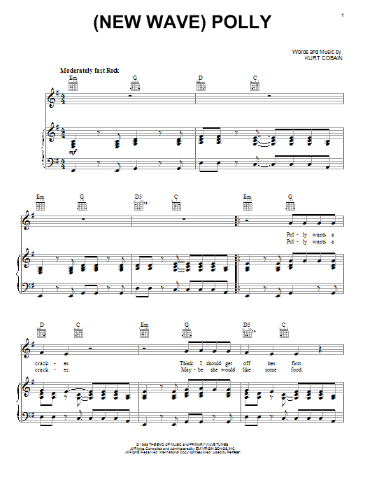 Preview Nirvana (New Wave) Polly Rock sheet music, notes and chords for Piano, Vocal & Guitar (Right-Hand Melody), SKU: 16789 sheet music, piano notes, chords, guitar tabs, score, transpose, transcribe, how to play, guide, download, learn, tutorial, progression, song, artist, awards, billboard, mtv, vh1, tour, single, album, release