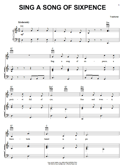 Preview Traditional Sing A Song Of Sixpence Children sheet music, notes and chords for Piano, Vocal & Guitar (Right-Hand Melody), SKU: 16795 sheet music, piano notes, chords, guitar tabs, score, transpose, transcribe, how to play, guide, download, learn, tutorial, progression, song, artist, awards, billboard, mtv, vh1, tour, single, album, release