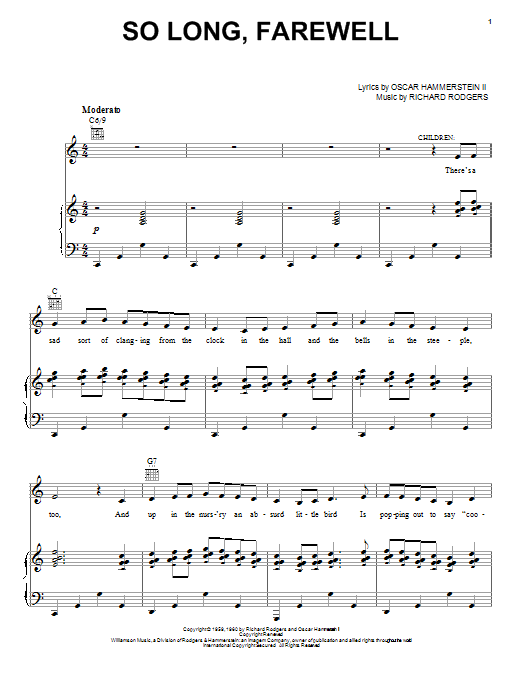 Preview Rodgers & Hammerstein So Long, Farewell Children sheet music, notes and chords for Piano, Vocal & Guitar (Right-Hand Melody), SKU: 16797 sheet music, piano notes, chords, guitar tabs, score, transpose, transcribe, how to play, guide, download, learn, tutorial, progression, song, artist, awards, billboard, mtv, vh1, tour, single, album, release