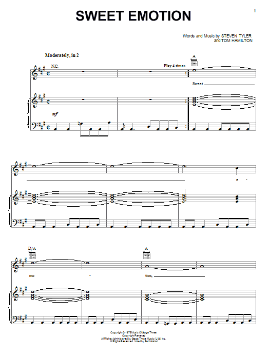 Preview Aerosmith Sweet Emotion Pop sheet music, notes and chords for Piano, Vocal & Guitar (Right-Hand Melody), SKU: 16800 sheet music, piano notes, chords, guitar tabs, score, transpose, transcribe, how to play, guide, download, learn, tutorial, progression, song, artist, awards, billboard, mtv, vh1, tour, single, album, release