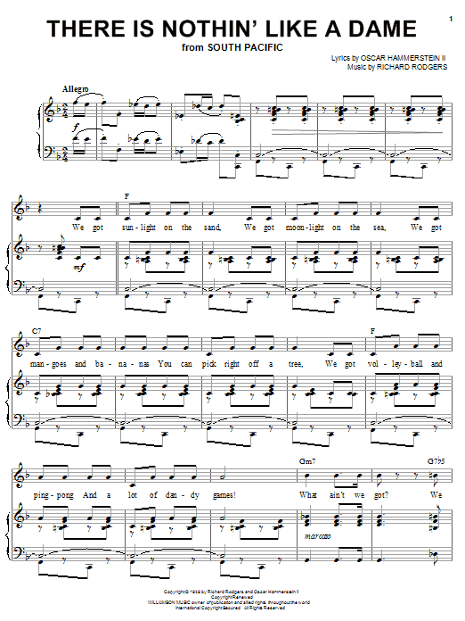 Preview Rodgers & Hammerstein There Is Nothin' Like A Dame Broadway sheet music, notes and chords for Piano, Vocal & Guitar (Right-Hand Melody), SKU: 16801 sheet music, piano notes, chords, guitar tabs, score, transpose, transcribe, how to play, guide, download, learn, tutorial, progression, song, artist, awards, billboard, mtv, vh1, tour, single, album, release