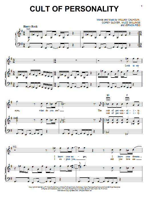 Preview Living Colour Cult Of Personality Pop sheet music, notes and chords for Piano, Vocal & Guitar (Right-Hand Melody), SKU: 16805 sheet music, piano notes, chords, guitar tabs, score, transpose, transcribe, how to play, guide, download, learn, tutorial, progression, song, artist, awards, billboard, mtv, vh1, tour, single, album, release