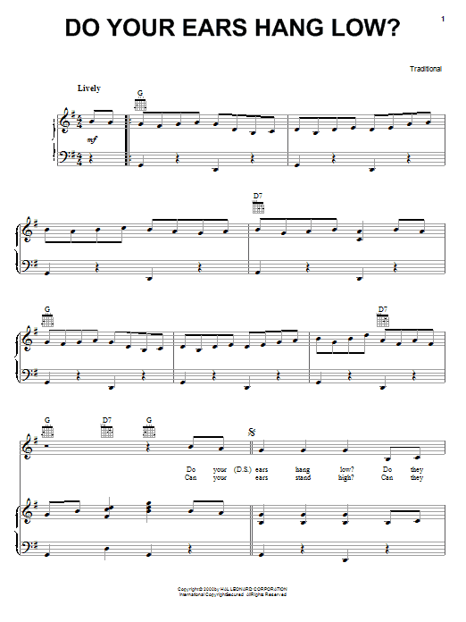 Preview Traditional Do Your Ears Hang Low? Children sheet music, notes and chords for Piano, Vocal & Guitar (Right-Hand Melody), SKU: 16807 sheet music, piano notes, chords, guitar tabs, score, transpose, transcribe, how to play, guide, download, learn, tutorial, progression, song, artist, awards, billboard, mtv, vh1, tour, single, album, release