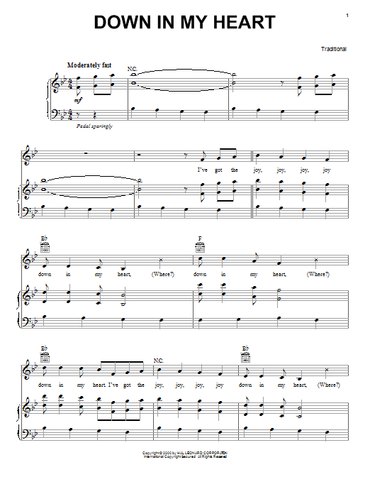 Preview Traditional Down In My Heart Children sheet music, notes and chords for Piano, Vocal & Guitar (Right-Hand Melody), SKU: 16808 sheet music, piano notes, chords, guitar tabs, score, transpose, transcribe, how to play, guide, download, learn, tutorial, progression, song, artist, awards, billboard, mtv, vh1, tour, single, album, release