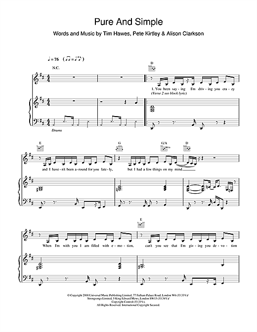Preview Hear'Say Pure And Simple Pop sheet music, notes and chords for Piano, Vocal & Guitar, SKU: 16858 sheet music, piano notes, chords, guitar tabs, score, transpose, transcribe, how to play, guide, download, learn, tutorial, progression, song, artist, awards, billboard, mtv, vh1, tour, single, album, release