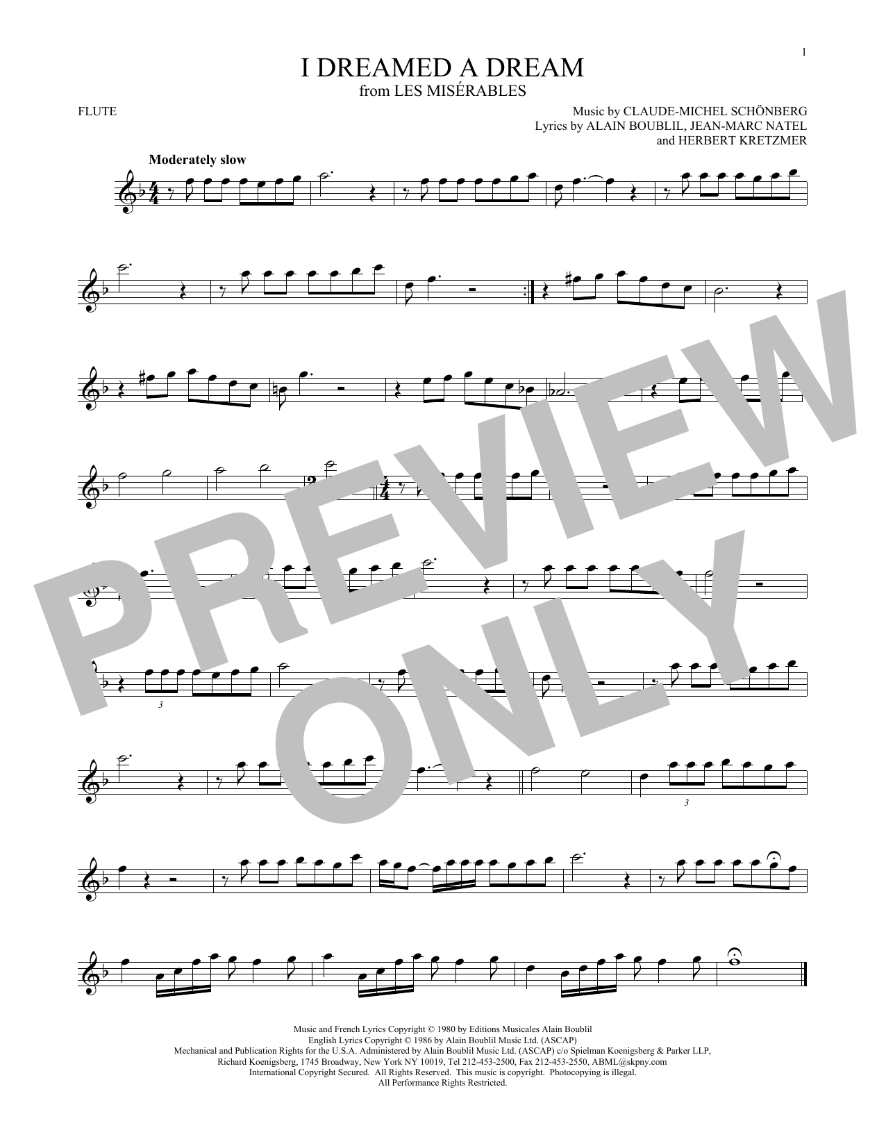Preview Claude-Michel Schonberg I Dreamed A Dream Broadway sheet music, notes and chords for Flute, SKU: 169473 sheet music, piano notes, chords, guitar tabs, score, transpose, transcribe, how to play, guide, download, learn, tutorial, progression, song, artist, awards, billboard, mtv, vh1, tour, single, album, release