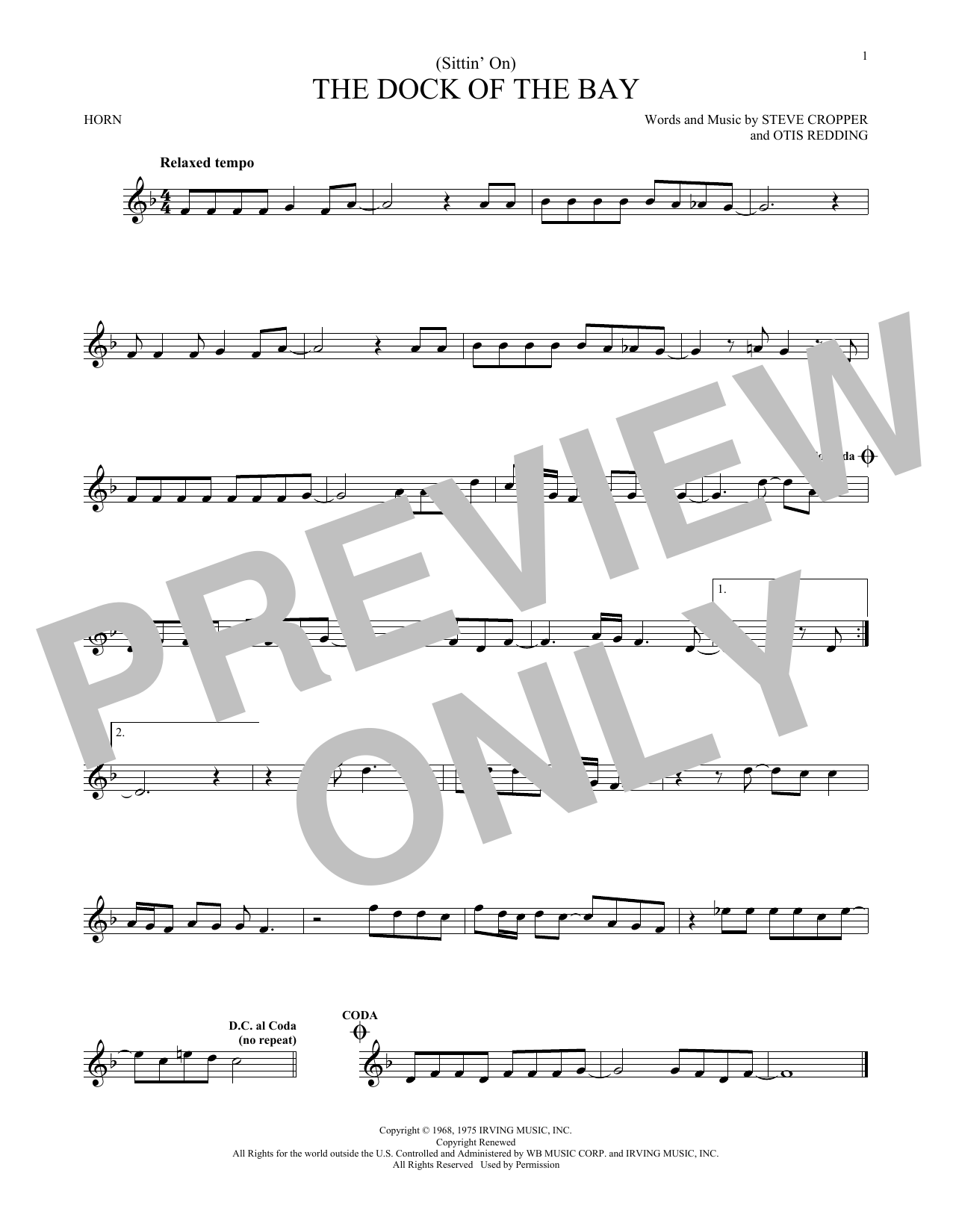 Preview Otis Redding (Sittin' On) The Dock Of The Bay Folk sheet music, notes and chords for French Horn, SKU: 169803 sheet music, piano notes, chords, guitar tabs, score, transpose, transcribe, how to play, guide, download, learn, tutorial, progression, song, artist, awards, billboard, mtv, vh1, tour, single, album, release
