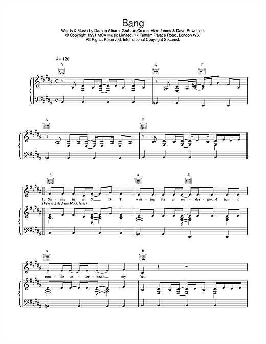Preview Blur Bang Pop sheet music, notes and chords for Piano, Vocal & Guitar (Right-Hand Melody), SKU: 17002 sheet music, piano notes, chords, guitar tabs, score, transpose, transcribe, how to play, guide, download, learn, tutorial, progression, song, artist, awards, billboard, mtv, vh1, tour, single, album, release