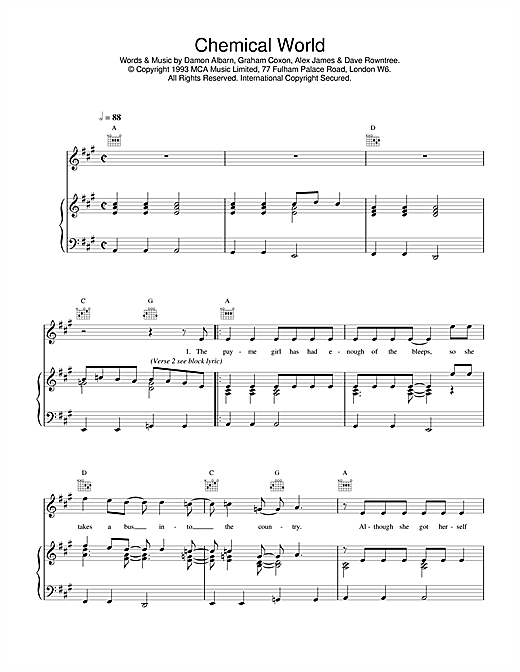 Preview Blur Chemical World Pop sheet music, notes and chords for Piano, Vocal & Guitar (Right-Hand Melody), SKU: 17003 sheet music, piano notes, chords, guitar tabs, score, transpose, transcribe, how to play, guide, download, learn, tutorial, progression, song, artist, awards, billboard, mtv, vh1, tour, single, album, release