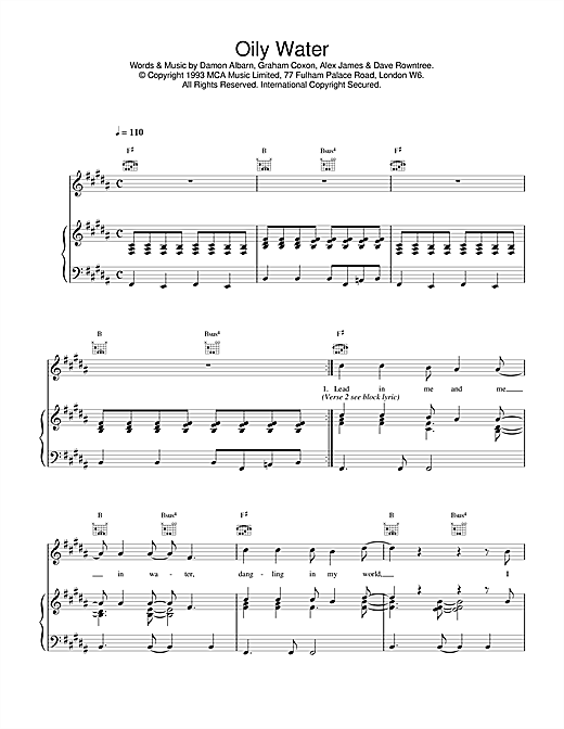 Preview Blur Oily Water Pop sheet music, notes and chords for Piano, Vocal & Guitar (Right-Hand Melody), SKU: 17006 sheet music, piano notes, chords, guitar tabs, score, transpose, transcribe, how to play, guide, download, learn, tutorial, progression, song, artist, awards, billboard, mtv, vh1, tour, single, album, release