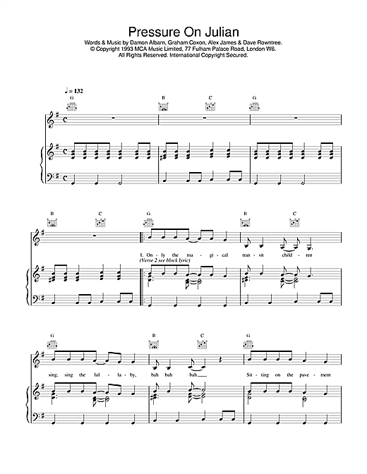 Preview Blur Pressure On Julian Pop sheet music, notes and chords for Piano, Vocal & Guitar (Right-Hand Melody), SKU: 17008 sheet music, piano notes, chords, guitar tabs, score, transpose, transcribe, how to play, guide, download, learn, tutorial, progression, song, artist, awards, billboard, mtv, vh1, tour, single, album, release
