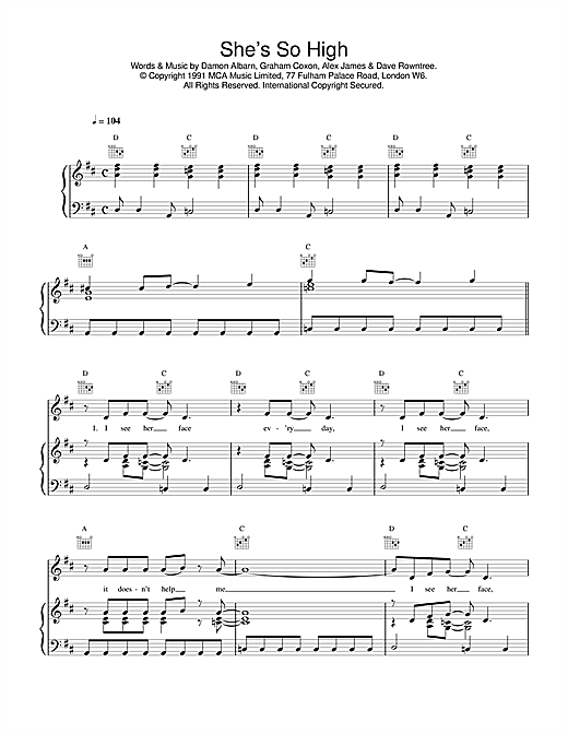 Preview Blur She's So High Pop sheet music, notes and chords for Piano, Vocal & Guitar (Right-Hand Melody), SKU: 17009 sheet music, piano notes, chords, guitar tabs, score, transpose, transcribe, how to play, guide, download, learn, tutorial, progression, song, artist, awards, billboard, mtv, vh1, tour, single, album, release
