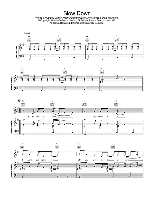 Preview Blur Slow Down Pop sheet music, notes and chords for Piano, Vocal & Guitar (Right-Hand Melody), SKU: 17010 sheet music, piano notes, chords, guitar tabs, score, transpose, transcribe, how to play, guide, download, learn, tutorial, progression, song, artist, awards, billboard, mtv, vh1, tour, single, album, release
