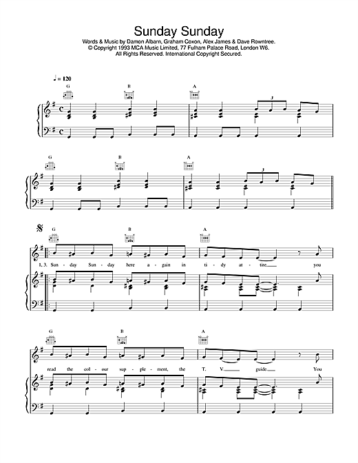 Preview Blur Sunday Sunday Pop sheet music, notes and chords for Piano, Vocal & Guitar (Right-Hand Melody), SKU: 17011 sheet music, piano notes, chords, guitar tabs, score, transpose, transcribe, how to play, guide, download, learn, tutorial, progression, song, artist, awards, billboard, mtv, vh1, tour, single, album, release