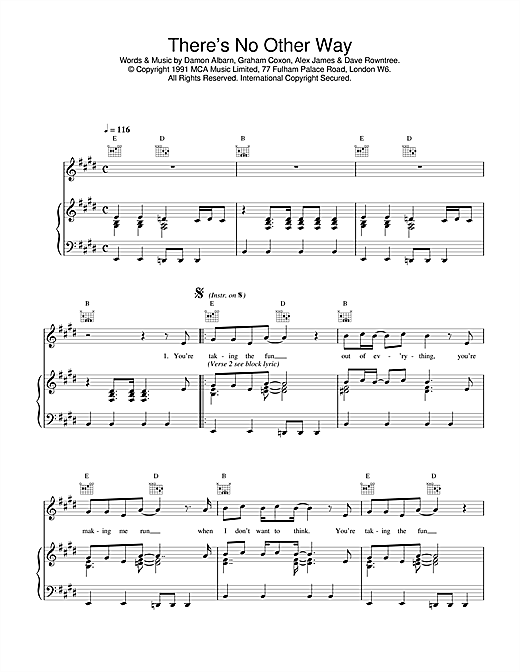 Preview Blur There's No Other Way Pop sheet music, notes and chords for Piano, Vocal & Guitar (Right-Hand Melody), SKU: 17012 sheet music, piano notes, chords, guitar tabs, score, transpose, transcribe, how to play, guide, download, learn, tutorial, progression, song, artist, awards, billboard, mtv, vh1, tour, single, album, release