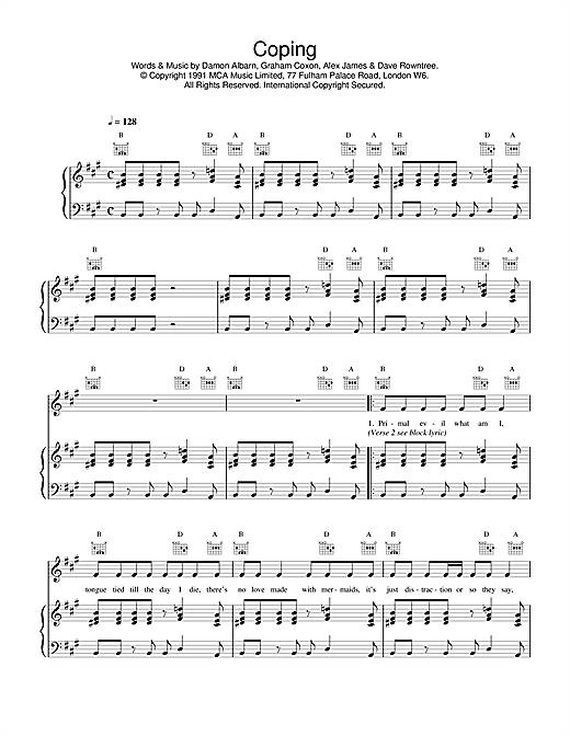 Preview Blur Coping Pop sheet music, notes and chords for Piano, Vocal & Guitar (Right-Hand Melody), SKU: 17013 sheet music, piano notes, chords, guitar tabs, score, transpose, transcribe, how to play, guide, download, learn, tutorial, progression, song, artist, awards, billboard, mtv, vh1, tour, single, album, release