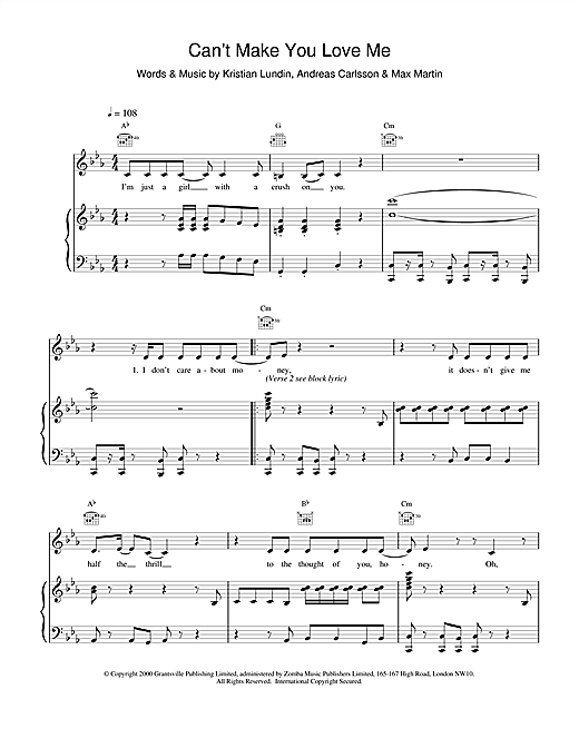 Preview Britney Spears Can't Make You Love Me Pop sheet music, notes and chords for Piano, Vocal & Guitar, SKU: 17014 sheet music, piano notes, chords, guitar tabs, score, transpose, transcribe, how to play, guide, download, learn, tutorial, progression, song, artist, awards, billboard, mtv, vh1, tour, single, album, release