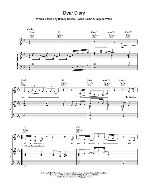 Preview Britney Spears Dear Diary Pop sheet music, notes and chords for Piano, Vocal & Guitar, SKU: 17015 sheet music, piano notes, chords, guitar tabs, score, transpose, transcribe, how to play, guide, download, learn, tutorial, progression, song, artist, awards, billboard, mtv, vh1, tour, single, album, release