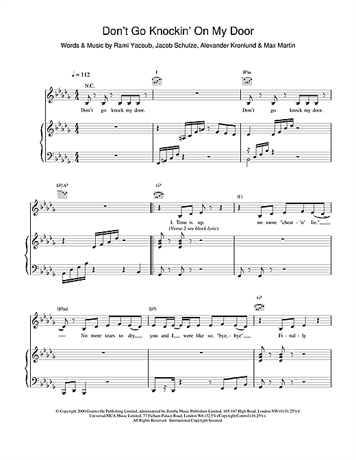 Preview Britney Spears Don't Go Knockin' On My Door Pop sheet music, notes and chords for Piano, Vocal & Guitar, SKU: 17016 sheet music, piano notes, chords, guitar tabs, score, transpose, transcribe, how to play, guide, download, learn, tutorial, progression, song, artist, awards, billboard, mtv, vh1, tour, single, album, release