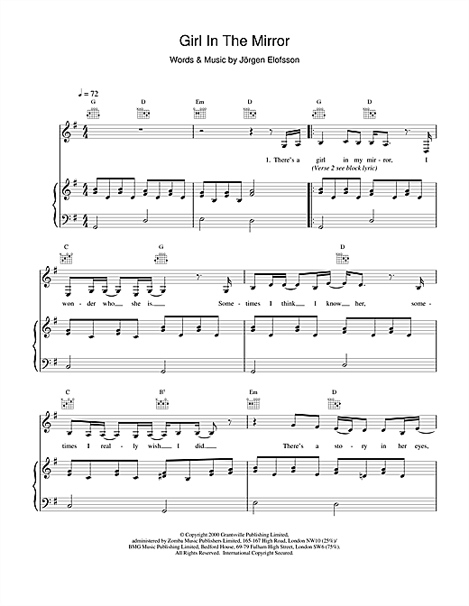 Preview Britney Spears Girl In The Mirror Pop sheet music, notes and chords for Piano, Vocal & Guitar, SKU: 17018 sheet music, piano notes, chords, guitar tabs, score, transpose, transcribe, how to play, guide, download, learn, tutorial, progression, song, artist, awards, billboard, mtv, vh1, tour, single, album, release