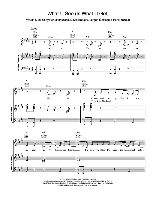 Preview Britney Spears What U See (Is What U Get) Pop sheet music, notes and chords for Piano, Vocal & Guitar, SKU: 17021 sheet music, piano notes, chords, guitar tabs, score, transpose, transcribe, how to play, guide, download, learn, tutorial, progression, song, artist, awards, billboard, mtv, vh1, tour, single, album, release