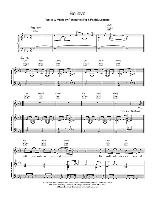 Preview Ronan Keating Believe Pop sheet music, notes and chords for Piano, Vocal & Guitar, SKU: 17024 sheet music, piano notes, chords, guitar tabs, score, transpose, transcribe, how to play, guide, download, learn, tutorial, progression, song, artist, awards, billboard, mtv, vh1, tour, single, album, release