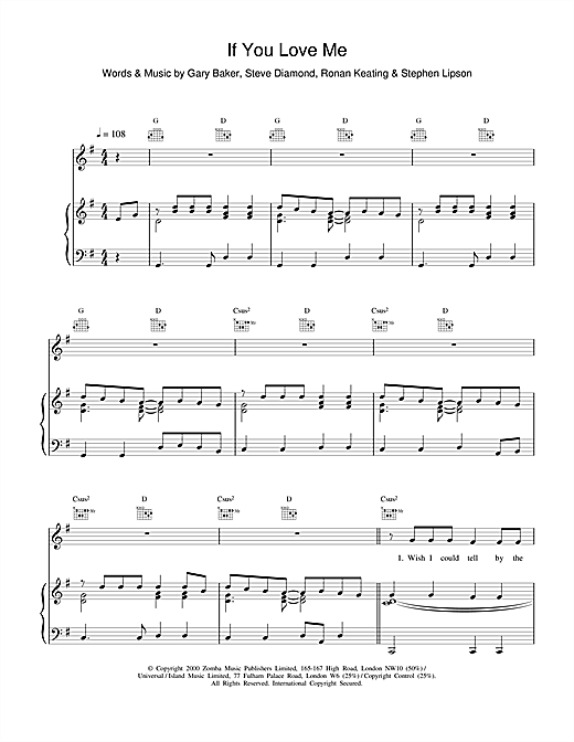 Preview Ronan Keating If You Love Me Pop sheet music, notes and chords for Piano, Vocal & Guitar, SKU: 17028 sheet music, piano notes, chords, guitar tabs, score, transpose, transcribe, how to play, guide, download, learn, tutorial, progression, song, artist, awards, billboard, mtv, vh1, tour, single, album, release