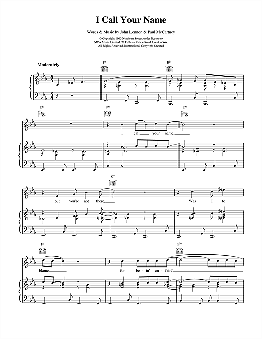 Preview The Beatles I Call Your Name Rock sheet music, notes and chords for Piano, Vocal & Guitar (Right-Hand Melody), SKU: 17037 sheet music, piano notes, chords, guitar tabs, score, transpose, transcribe, how to play, guide, download, learn, tutorial, progression, song, artist, awards, billboard, mtv, vh1, tour, single, album, release