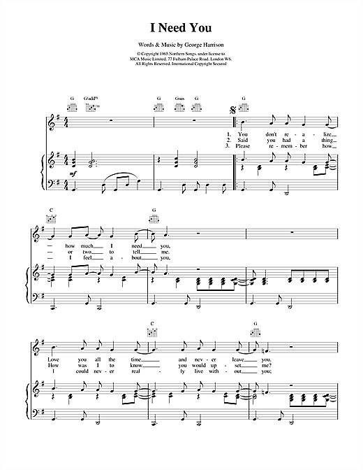 Preview The Beatles I Need You Rock sheet music, notes and chords for Piano, Vocal & Guitar (Right-Hand Melody), SKU: 17038 sheet music, piano notes, chords, guitar tabs, score, transpose, transcribe, how to play, guide, download, learn, tutorial, progression, song, artist, awards, billboard, mtv, vh1, tour, single, album, release