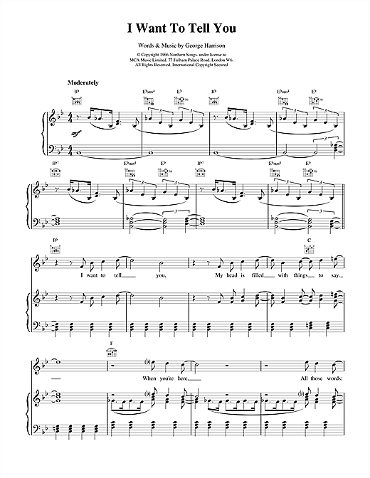 Preview The Beatles I Want To Tell You Rock sheet music, notes and chords for Piano, Vocal & Guitar (Right-Hand Melody), SKU: 17039 sheet music, piano notes, chords, guitar tabs, score, transpose, transcribe, how to play, guide, download, learn, tutorial, progression, song, artist, awards, billboard, mtv, vh1, tour, single, album, release