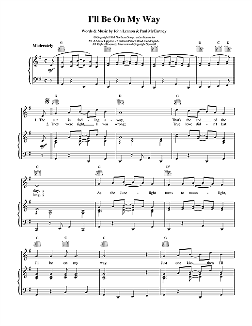 Preview The Beatles I'll Be On My Way Rock sheet music, notes and chords for Piano, Vocal & Guitar (Right-Hand Melody), SKU: 17041 sheet music, piano notes, chords, guitar tabs, score, transpose, transcribe, how to play, guide, download, learn, tutorial, progression, song, artist, awards, billboard, mtv, vh1, tour, single, album, release