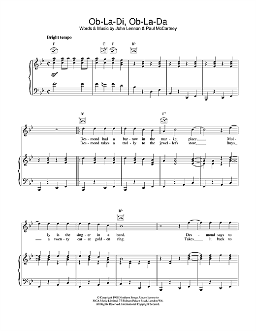 Preview The Beatles Ob-La-Di, Ob-La-Da Rock sheet music, notes and chords for Piano, Vocal & Guitar (Right-Hand Melody), SKU: 17047 sheet music, piano notes, chords, guitar tabs, score, transpose, transcribe, how to play, guide, download, learn, tutorial, progression, song, artist, awards, billboard, mtv, vh1, tour, single, album, release