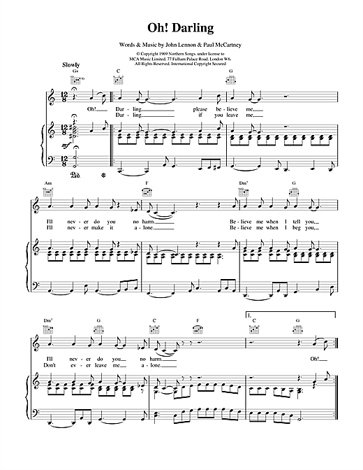 Preview The Beatles Oh! Darling Rock sheet music, notes and chords for Piano, Vocal & Guitar (Right-Hand Melody), SKU: 17049 sheet music, piano notes, chords, guitar tabs, score, transpose, transcribe, how to play, guide, download, learn, tutorial, progression, song, artist, awards, billboard, mtv, vh1, tour, single, album, release