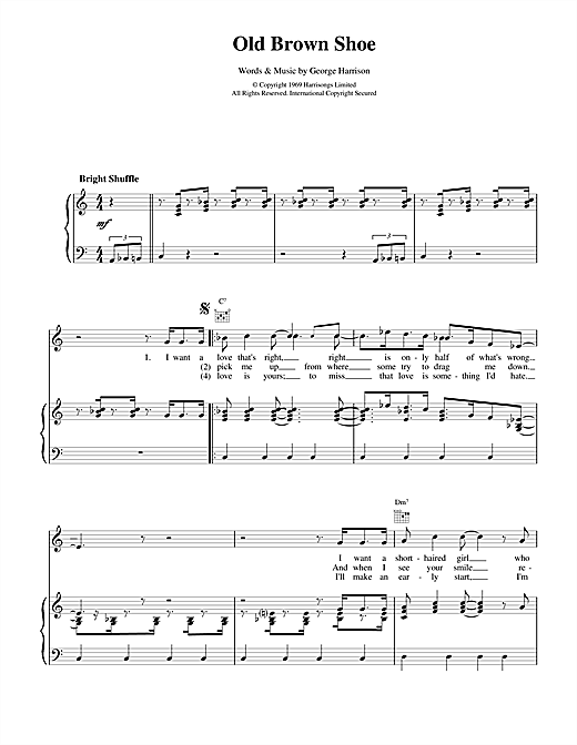 Preview The Beatles Old Brown Shoe Rock sheet music, notes and chords for Piano, Vocal & Guitar (Right-Hand Melody), SKU: 17050 sheet music, piano notes, chords, guitar tabs, score, transpose, transcribe, how to play, guide, download, learn, tutorial, progression, song, artist, awards, billboard, mtv, vh1, tour, single, album, release