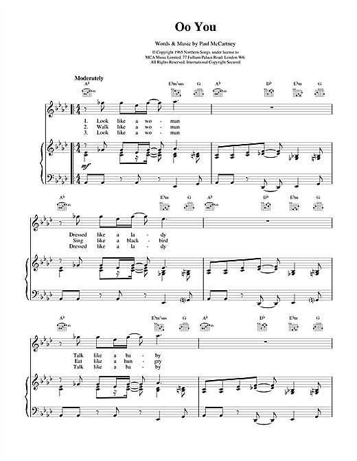 Preview The Beatles Oo You Rock sheet music, notes and chords for Piano, Vocal & Guitar (Right-Hand Melody), SKU: 17053 sheet music, piano notes, chords, guitar tabs, score, transpose, transcribe, how to play, guide, download, learn, tutorial, progression, song, artist, awards, billboard, mtv, vh1, tour, single, album, release