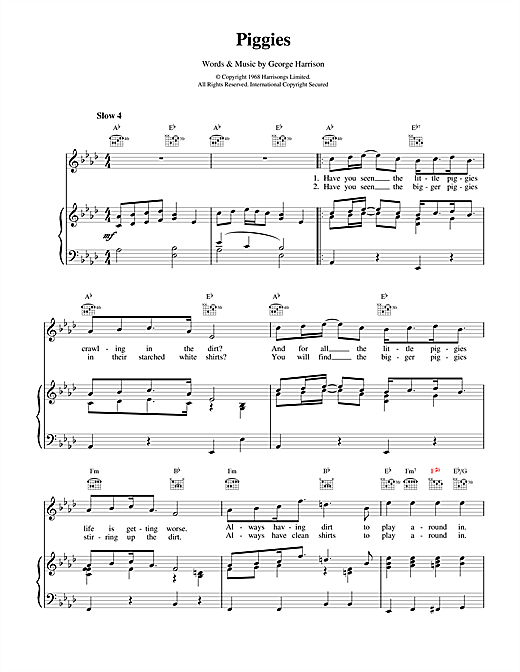 Preview The Beatles Piggies Rock sheet music, notes and chords for Piano, Vocal & Guitar (Right-Hand Melody), SKU: 17055 sheet music, piano notes, chords, guitar tabs, score, transpose, transcribe, how to play, guide, download, learn, tutorial, progression, song, artist, awards, billboard, mtv, vh1, tour, single, album, release