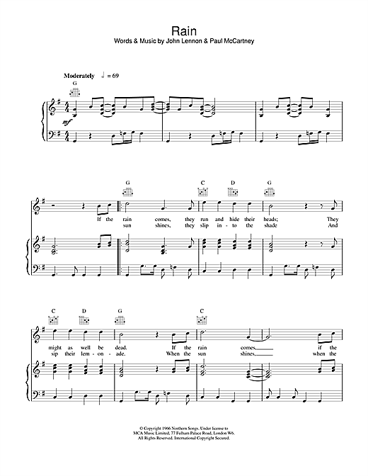 Preview The Beatles Rain Rock sheet music, notes and chords for Piano, Vocal & Guitar (Right-Hand Melody), SKU: 17059 sheet music, piano notes, chords, guitar tabs, score, transpose, transcribe, how to play, guide, download, learn, tutorial, progression, song, artist, awards, billboard, mtv, vh1, tour, single, album, release