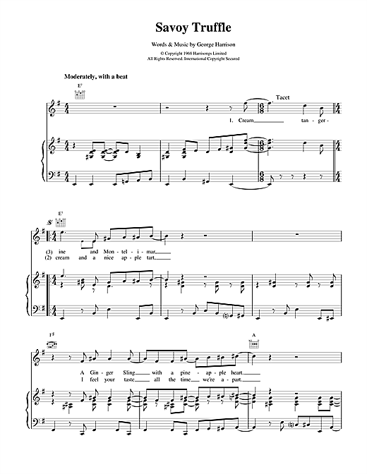 Preview The Beatles Savoy Truffle Rock sheet music, notes and chords for Piano, Vocal & Guitar (Right-Hand Melody), SKU: 17063 sheet music, piano notes, chords, guitar tabs, score, transpose, transcribe, how to play, guide, download, learn, tutorial, progression, song, artist, awards, billboard, mtv, vh1, tour, single, album, release