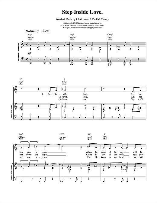 Preview The Beatles Step Inside Love Rock sheet music, notes and chords for Piano, Vocal & Guitar (Right-Hand Melody), SKU: 17067 sheet music, piano notes, chords, guitar tabs, score, transpose, transcribe, how to play, guide, download, learn, tutorial, progression, song, artist, awards, billboard, mtv, vh1, tour, single, album, release