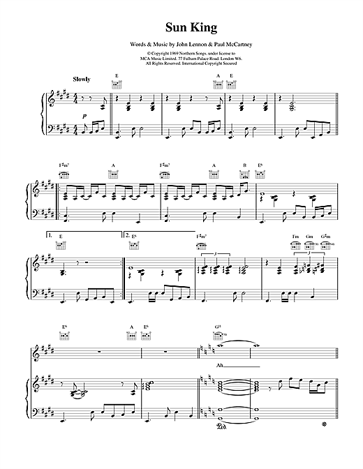 Preview The Beatles Sun King Rock sheet music, notes and chords for Piano, Vocal & Guitar (Right-Hand Melody), SKU: 17068 sheet music, piano notes, chords, guitar tabs, score, transpose, transcribe, how to play, guide, download, learn, tutorial, progression, song, artist, awards, billboard, mtv, vh1, tour, single, album, release