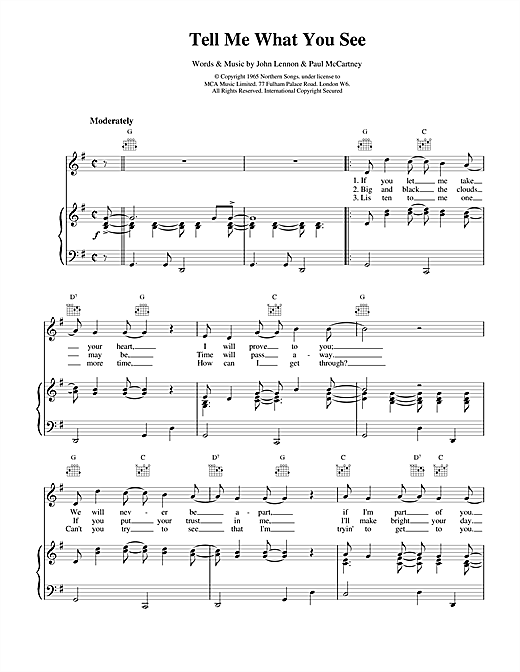 Preview The Beatles Tell Me What You See Rock sheet music, notes and chords for Piano, Vocal & Guitar (Right-Hand Melody), SKU: 17070 sheet music, piano notes, chords, guitar tabs, score, transpose, transcribe, how to play, guide, download, learn, tutorial, progression, song, artist, awards, billboard, mtv, vh1, tour, single, album, release