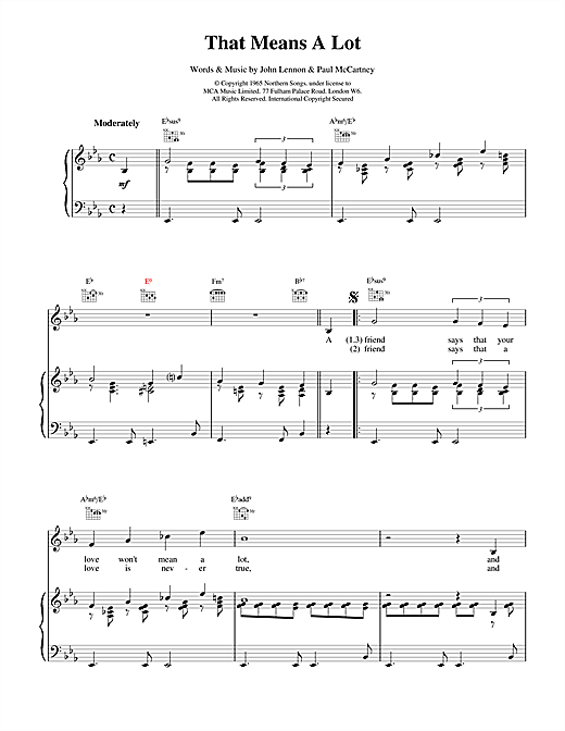 Preview The Beatles That Means A Lot Rock sheet music, notes and chords for Piano, Vocal & Guitar (Right-Hand Melody), SKU: 17073 sheet music, piano notes, chords, guitar tabs, score, transpose, transcribe, how to play, guide, download, learn, tutorial, progression, song, artist, awards, billboard, mtv, vh1, tour, single, album, release