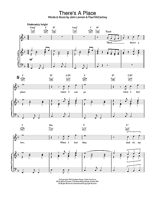 Preview The Beatles There's A Place Rock sheet music, notes and chords for Piano, Vocal & Guitar (Right-Hand Melody), SKU: 17075 sheet music, piano notes, chords, guitar tabs, score, transpose, transcribe, how to play, guide, download, learn, tutorial, progression, song, artist, awards, billboard, mtv, vh1, tour, single, album, release